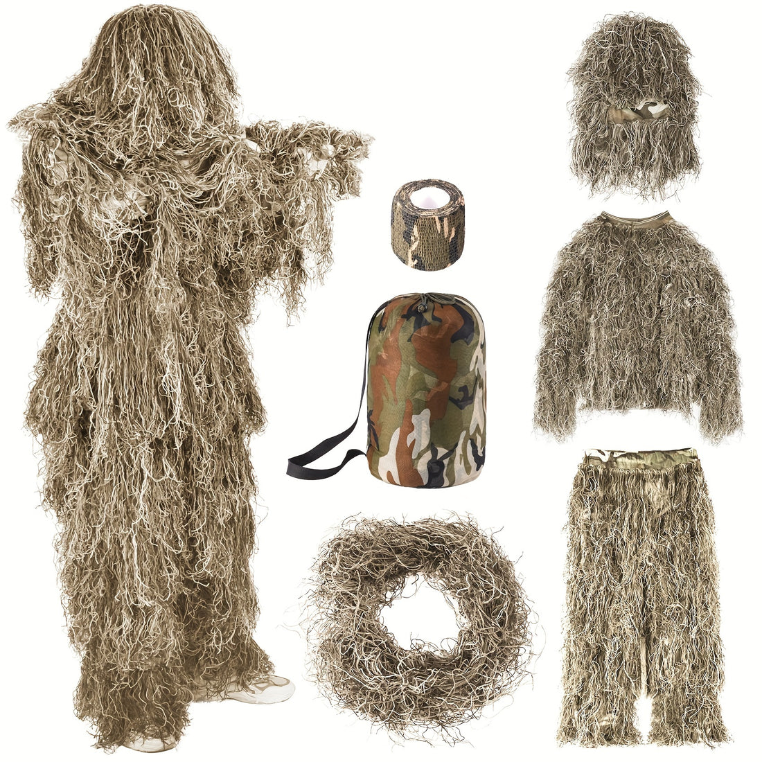 6 In 1 Ghillie Suit Pale Brown 3D Camouflage - L&Q ARMY