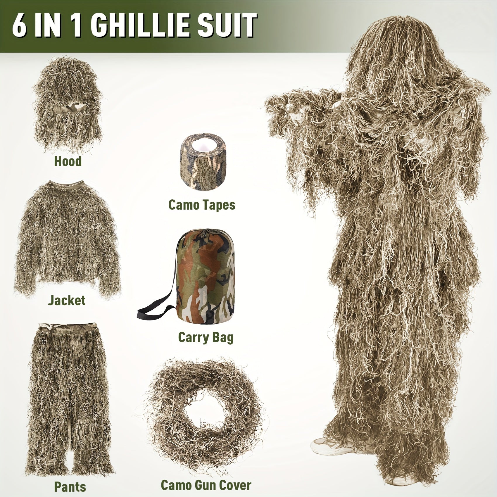 6 In 1 Ghillie Suit Pale Brown 3D Camouflage - L&Q ARMY
