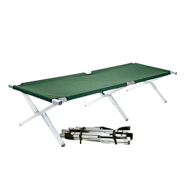 A green military-style cot with a folded aluminum frame, shown both assembled and packed for portability.