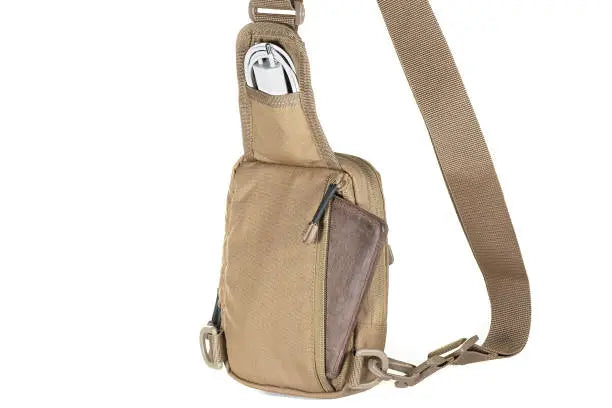 tan sling bag, featuring detachable strap and hidden pocket