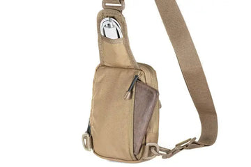tan sling bag, featuring detachable strap and hidden pocket