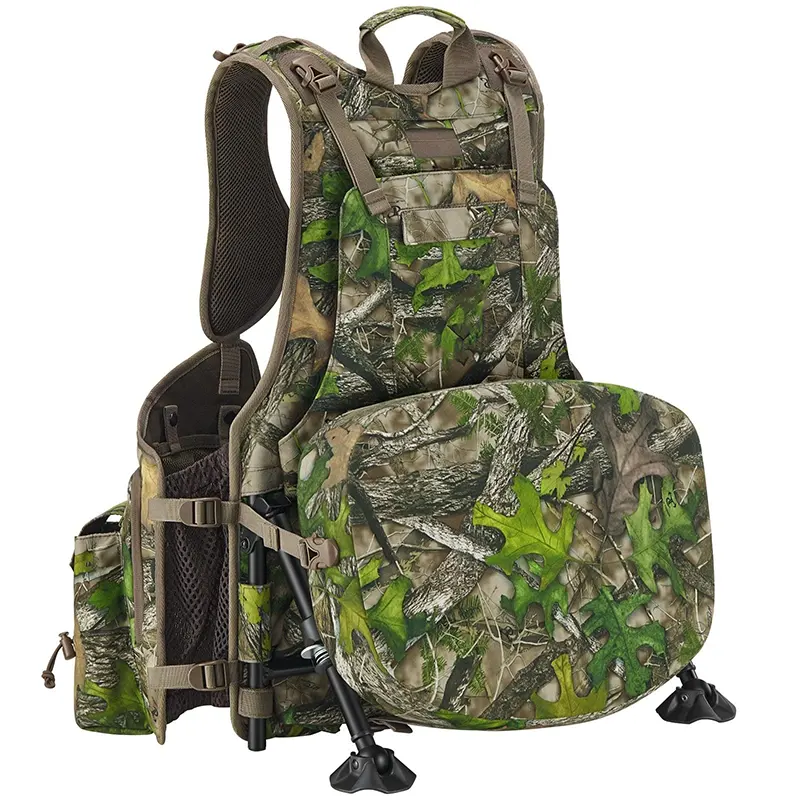 Tactical hunting vest with Mossy Oak camouflage, mesh back panel, adjustable straps, and integrated shooting rest, designed for upland bird hunting.