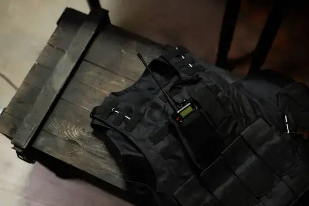 black protective body armor with walkie-talkie in pocket