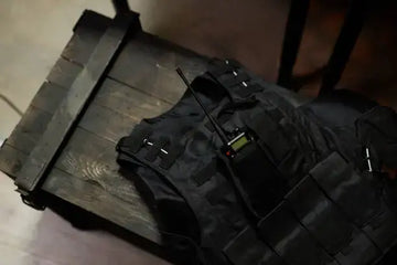 black protective body armor with walkie-talkie in pocket
