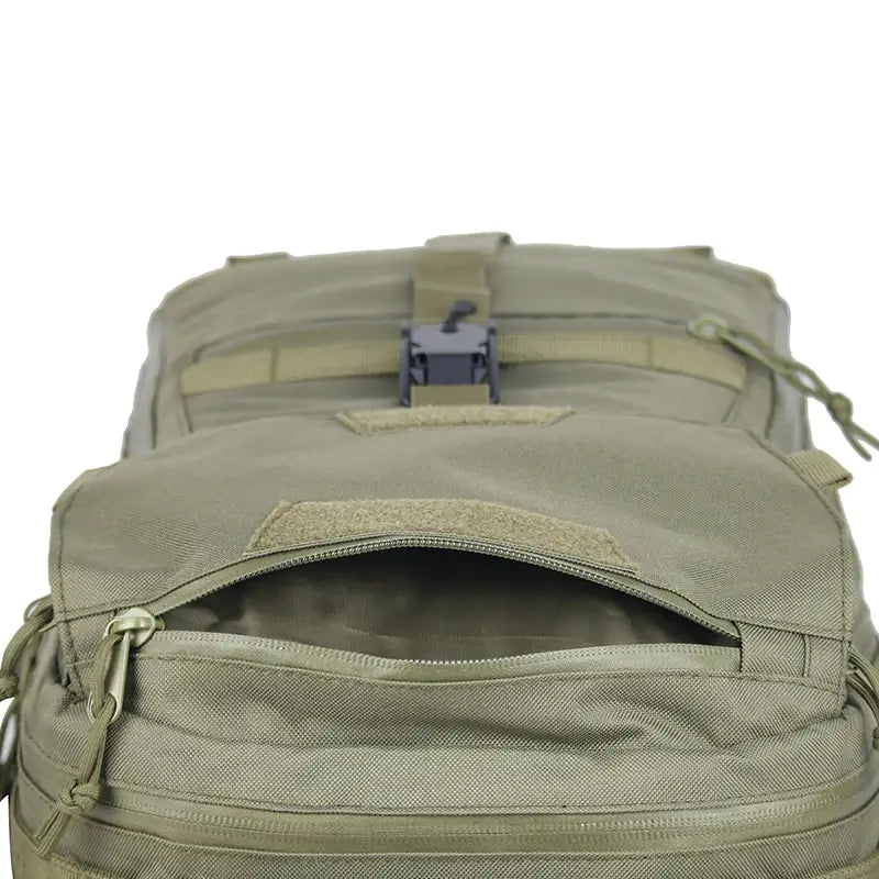 Olive expandable tactical backpack, zip pocket on the flap