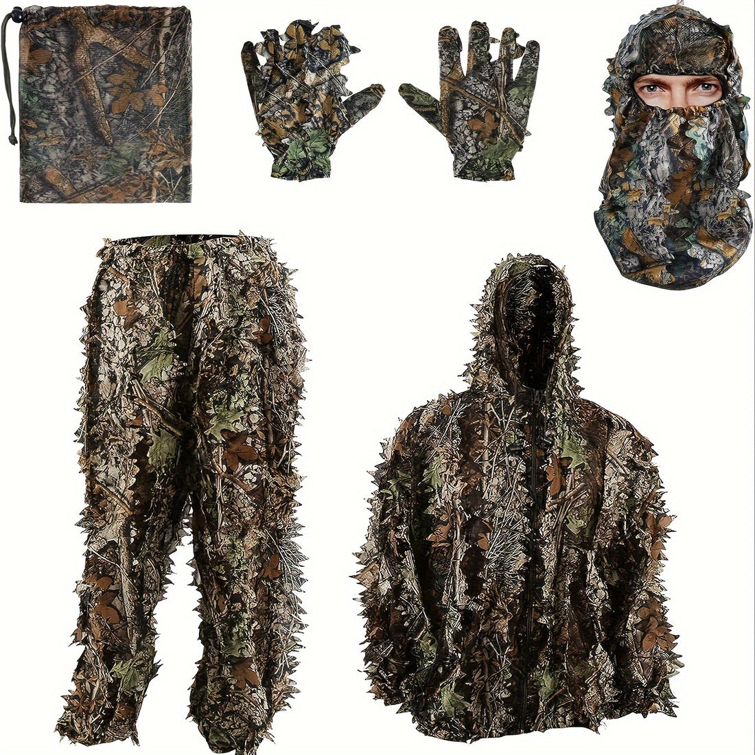 6-in-1 3D Leaf Camo Adult Ghillie Suit Set