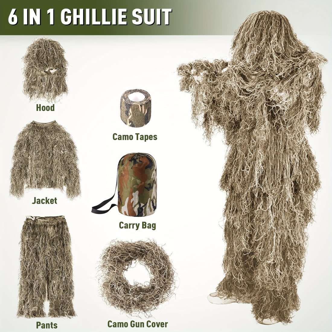 6 In 1 Ghillie Suit Pale Brown 3D Camouflage