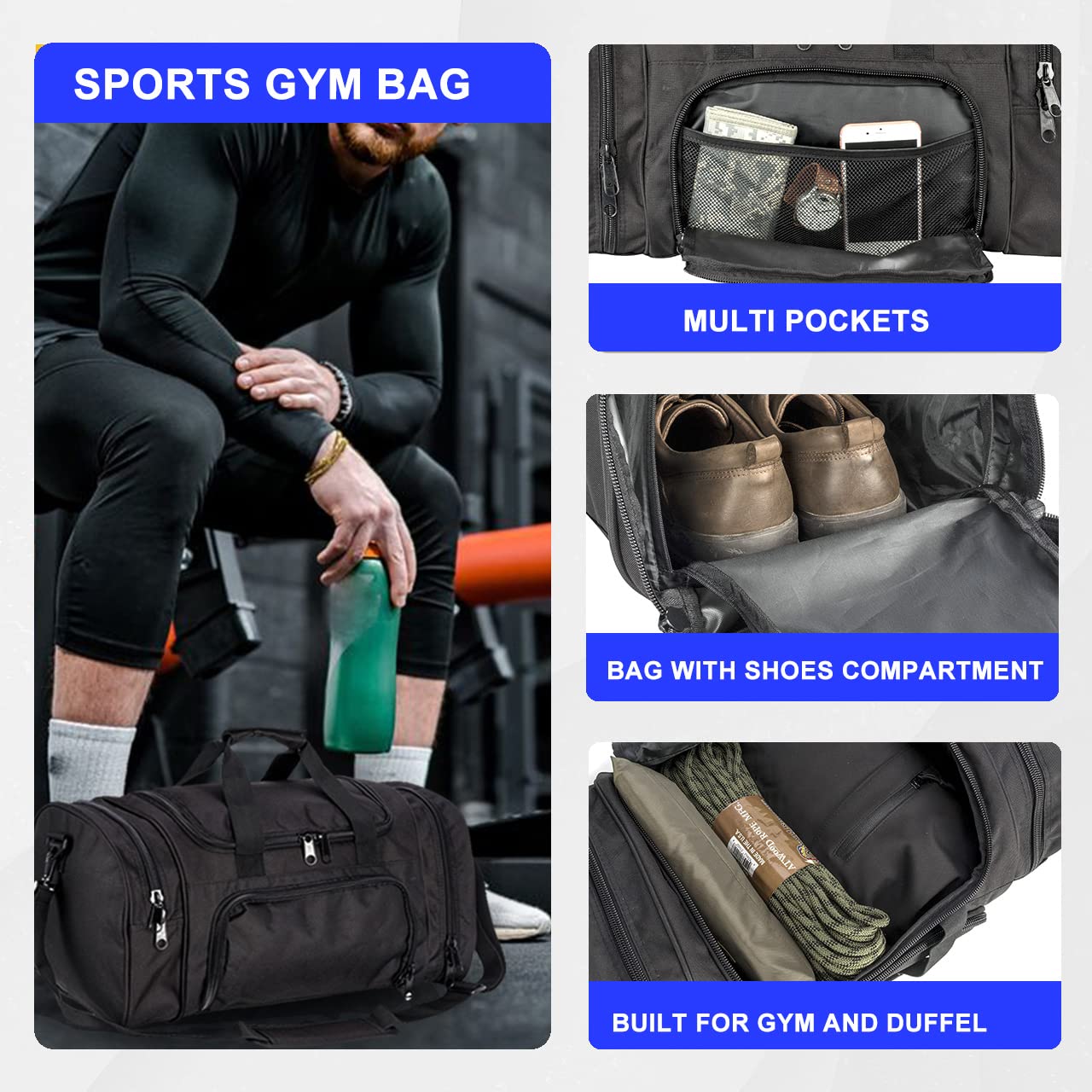 Heavy-Duty Water-Resistant Gym Duffle Bag with Shoe Compartment