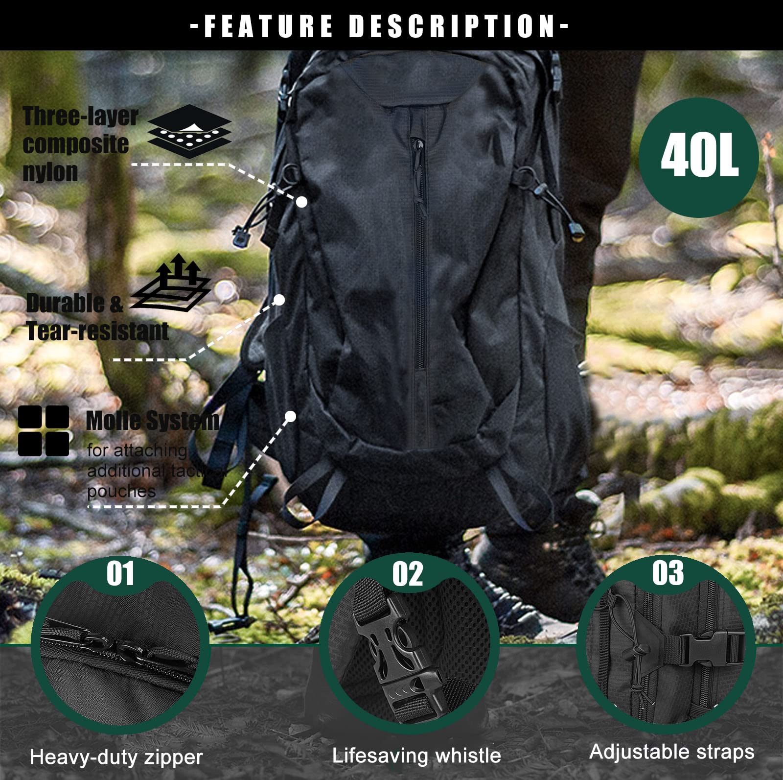 WolfWarriorX Backpack for Men Laptop Backpacks - for School Hiking Outdoor Sports Black