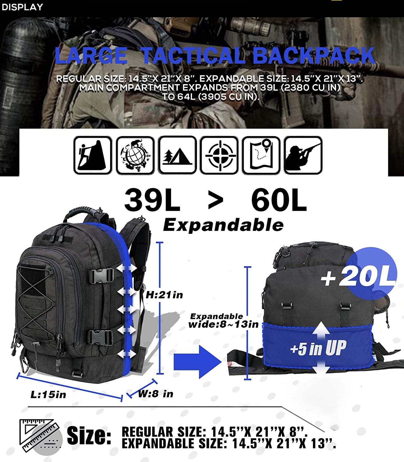 Tactical Backpack for men Military Army Expandable 3 Day Pack