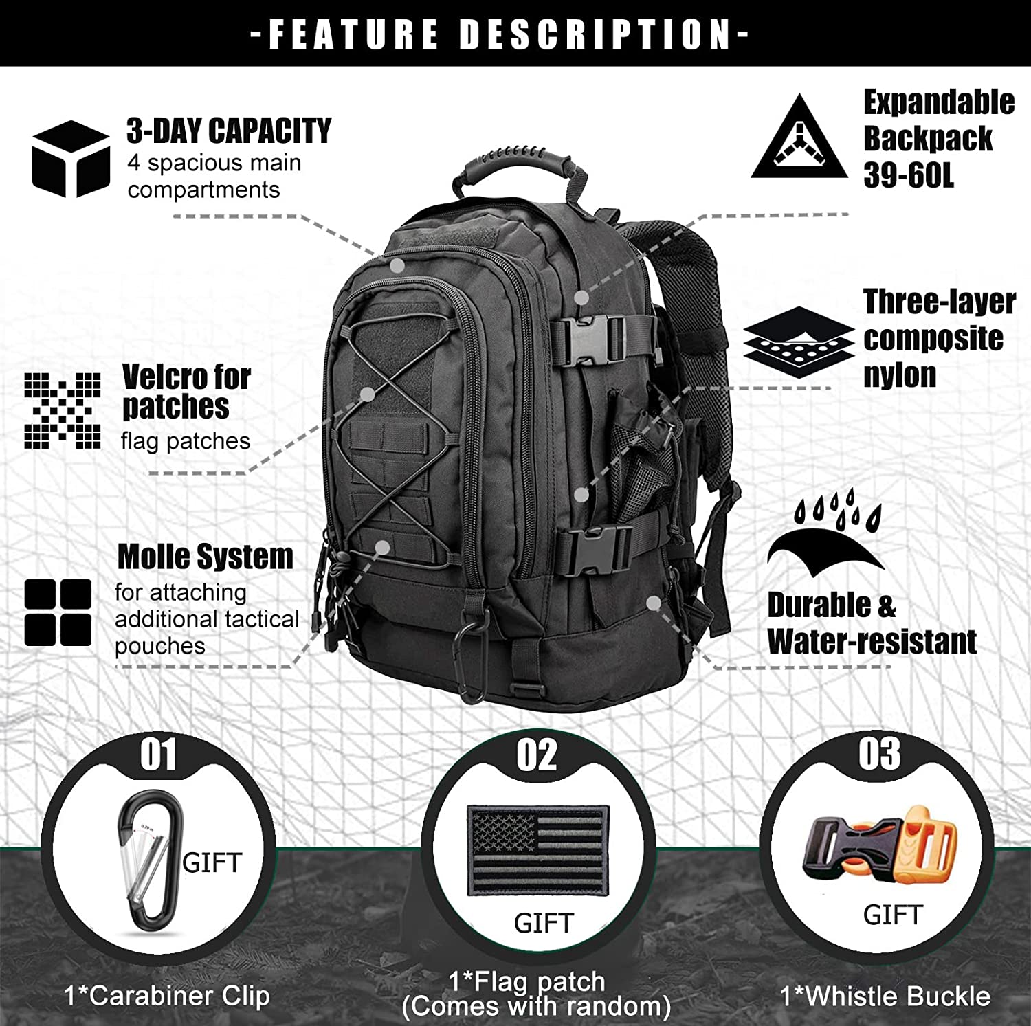 Tactical Backpack for men Military Army Expandable 3 Day Pack